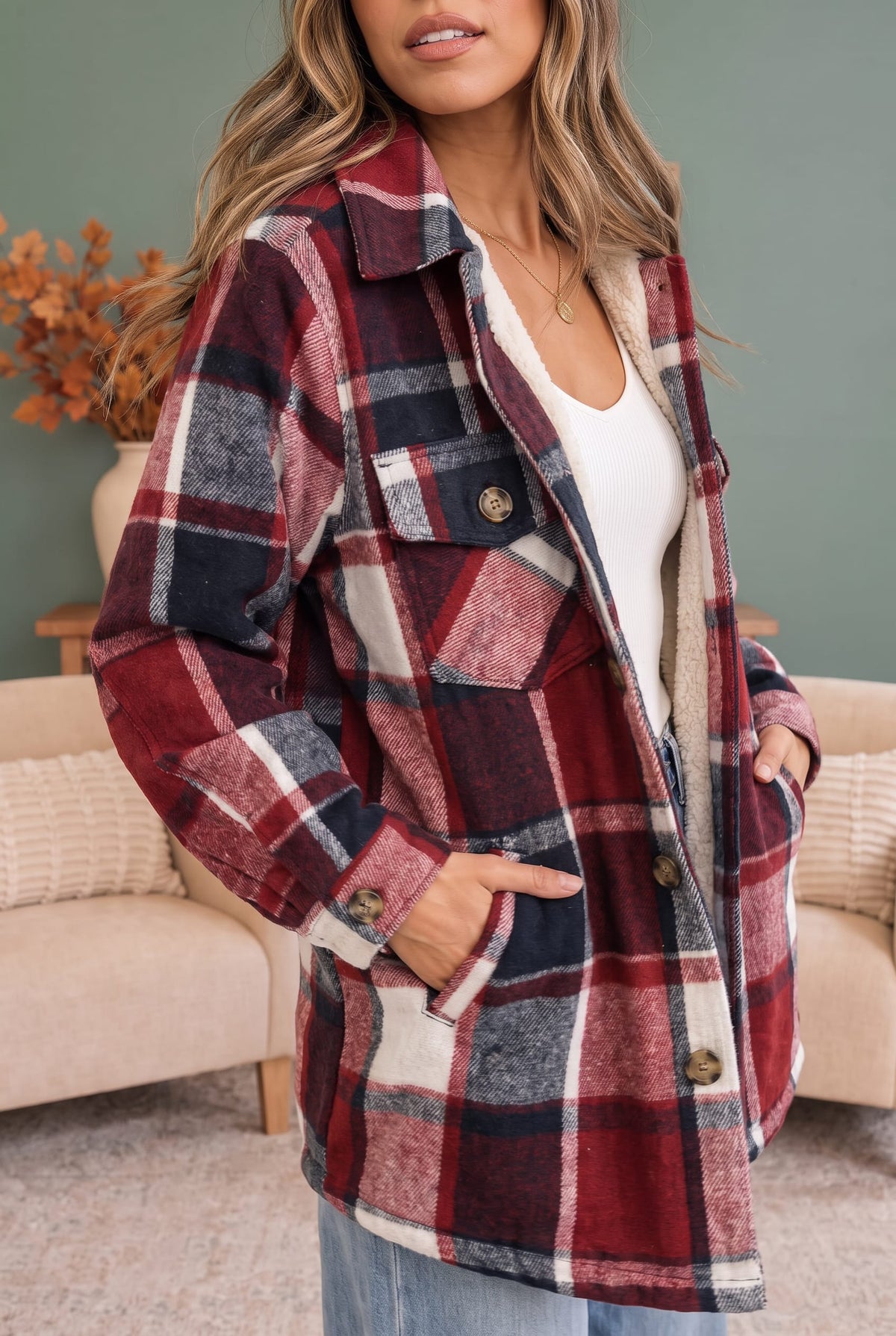 Cozy Cabin Vibes Sherpa Lined Flannel Shacket