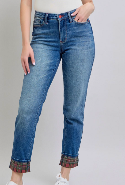 Judy Blue Plaid Hem Boyfriend Jeans