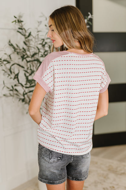 Stitched with Love V-Neck Top in Ivory and Red