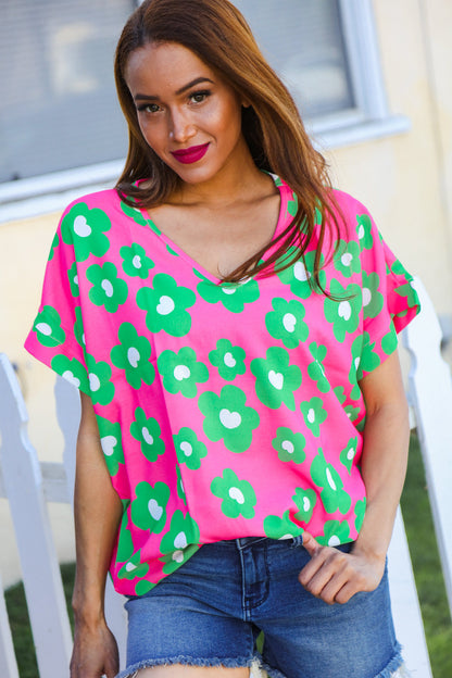 Spring Vibes Pink & Green Flower Print V Neck Short Sleeve Top