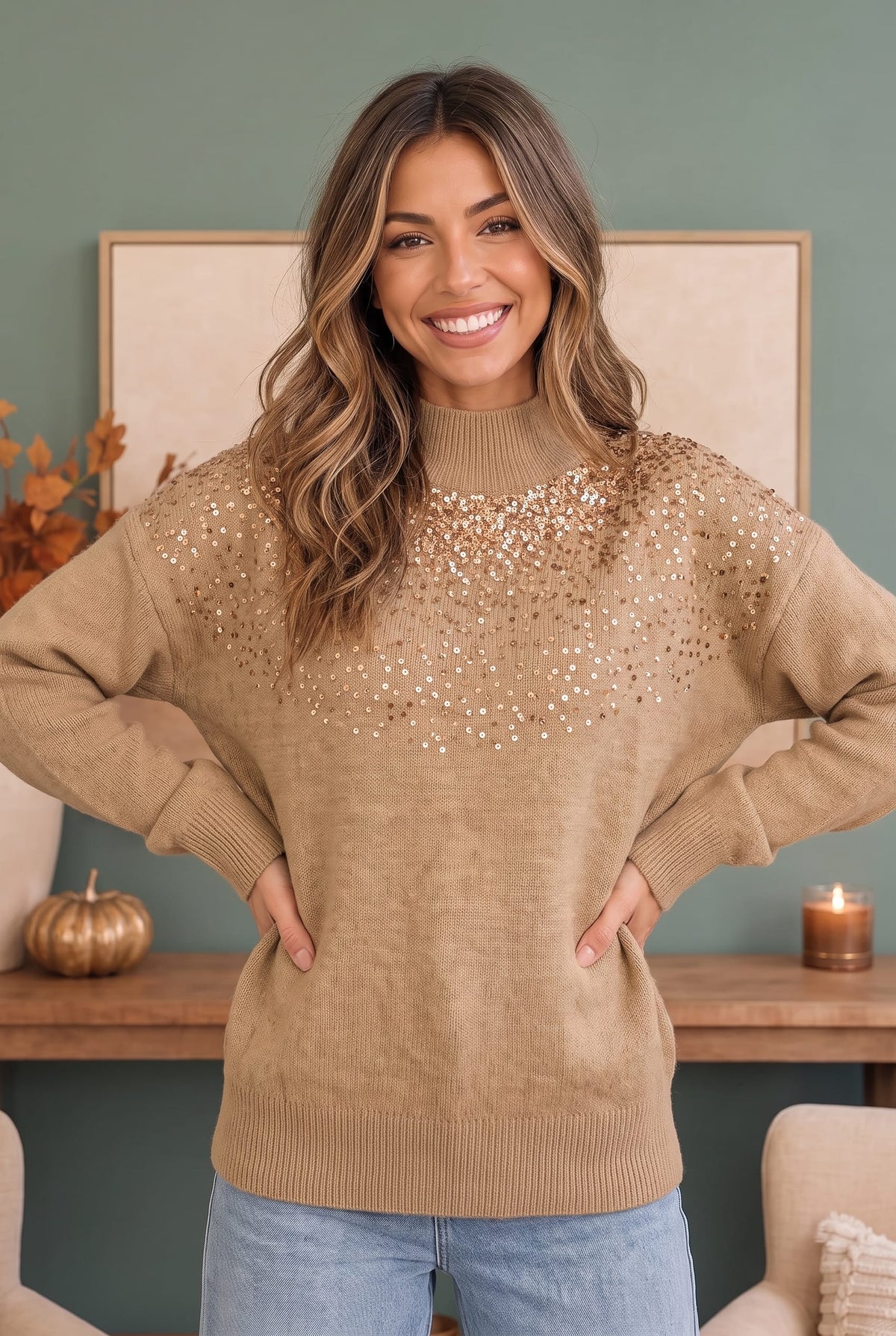 Gilded Warmth Sequin Mock Neck Sweater