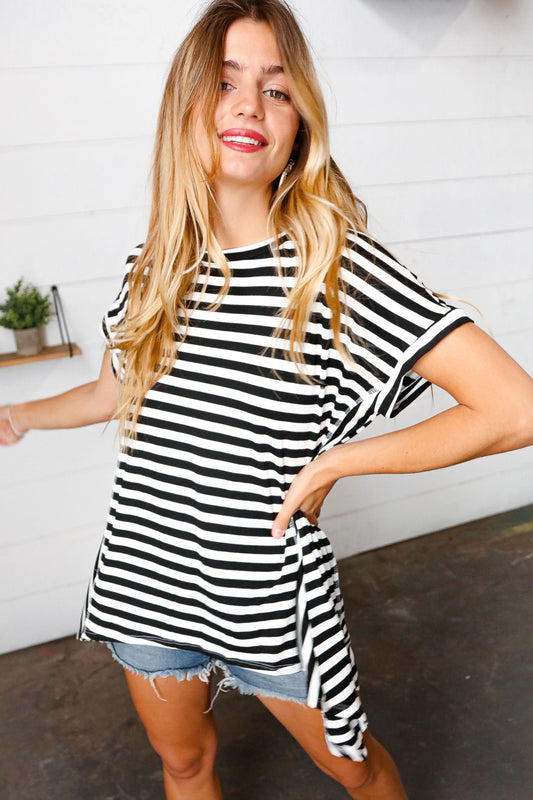 Black & White Stripe Hi-Lo Shark Bite Dolman Top