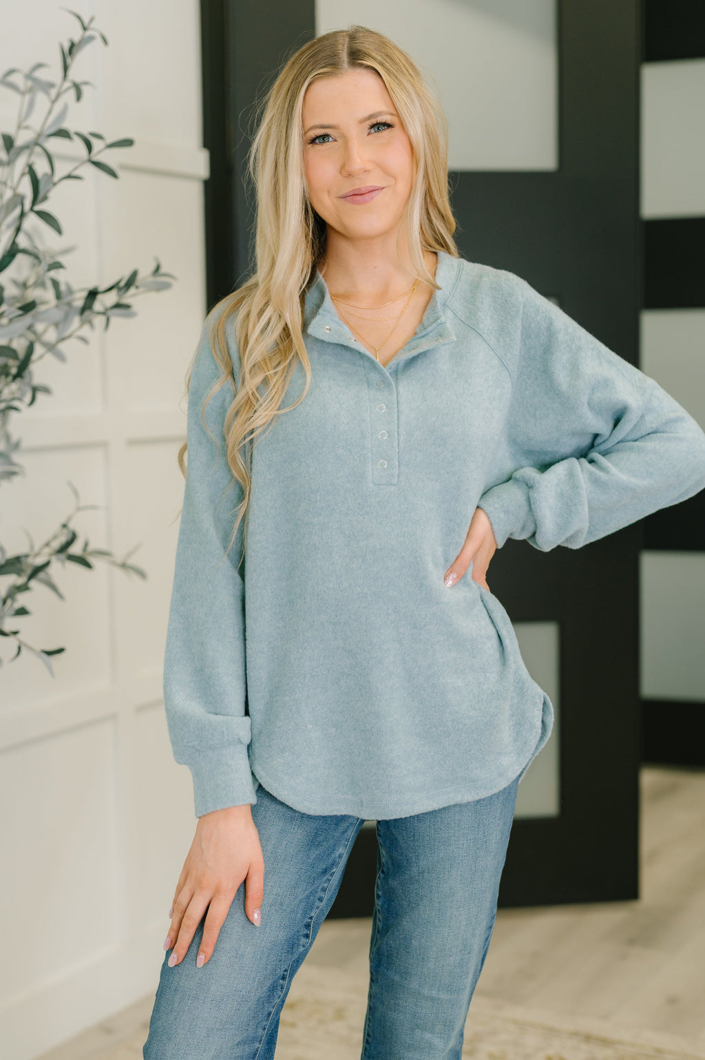 Urban Flux Scooped Hi-Low Long Pullover in Blue Grey