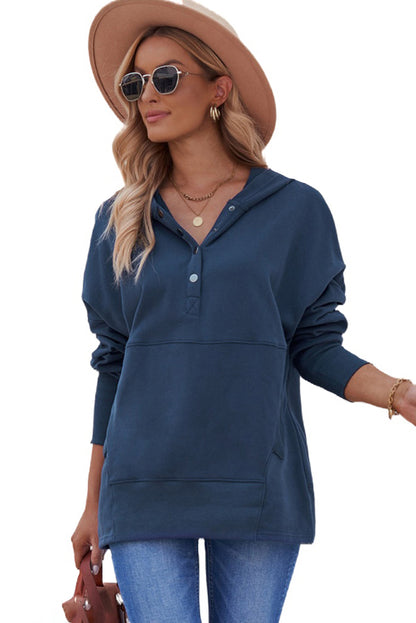 Light Blue Casual Batwing Sleeve Pocket Henley Hoodie