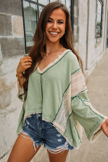 Grass Green Crochet Patchwork Exposed Seam High Low Loose Top