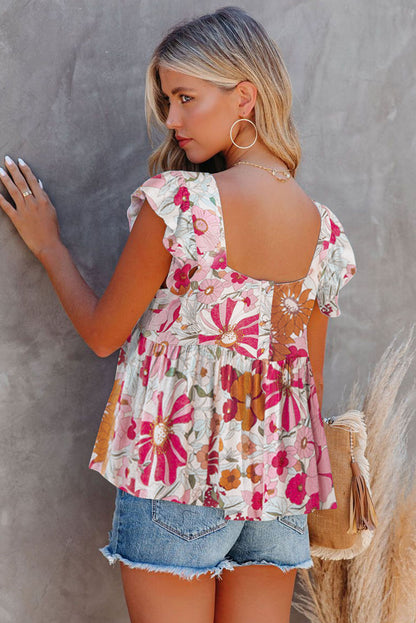 Purple Floral Print Flowy Flutter Sleeveless Shirt