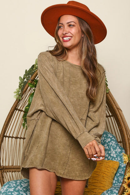 Brown Mineral Washed Oversized Slits Long Sleeve Top