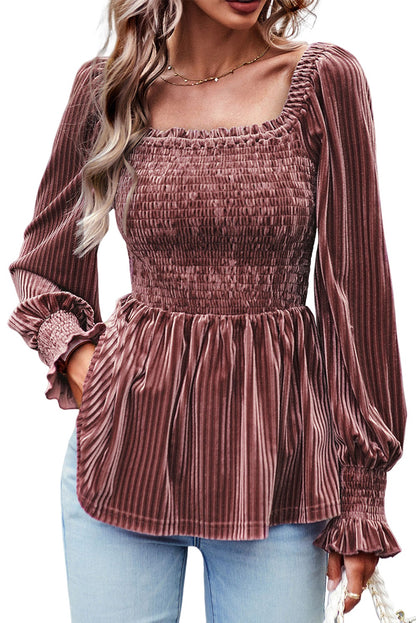 Pink Smocked Ribbed Velvet Babydoll Top