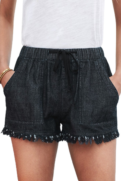 Dark Blue Casual  Frayed Pocketed Denim Shorts