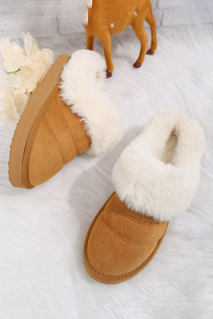 Camel Plush Suede Patchwork Thick Sole Slippers