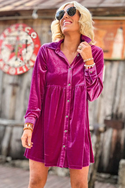 Red Long Sleeve Ruffle Velvet Button Up Shirt Dress