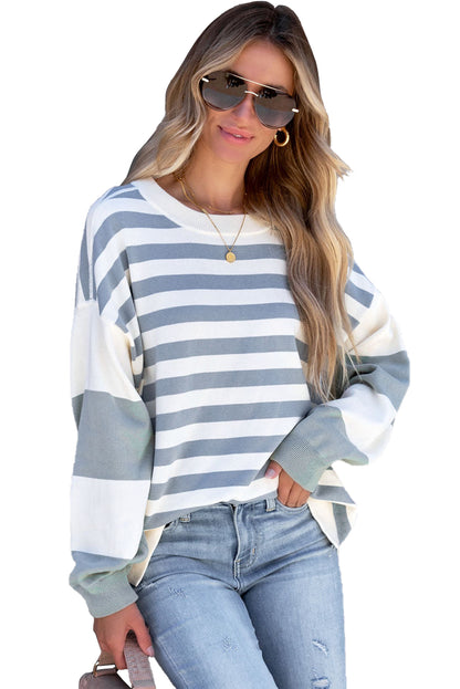 Blue Striped Casual Drop Shoulder Pullover Sweatshirt