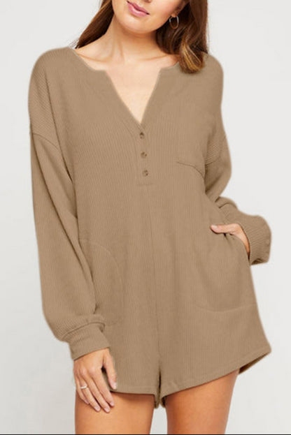 Khaki Casual Henley Button V Neck Pocketed Romper