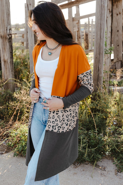 Orange Leopard Print Colorblock Patchwork Knit Cardigan