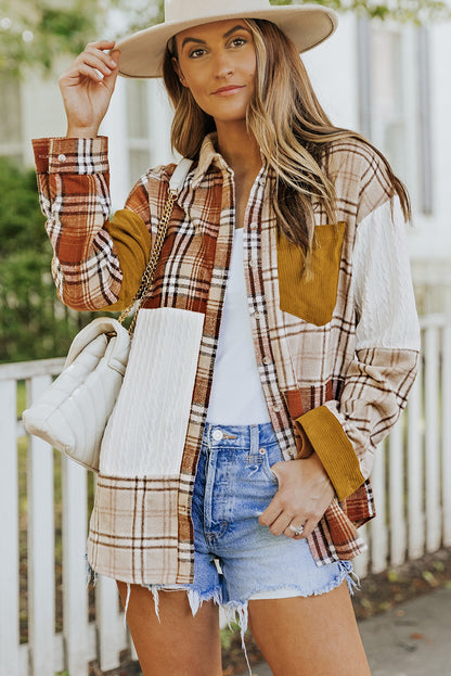 Orange Plaid Color Block Patchwork Pocket Shirt Shacket