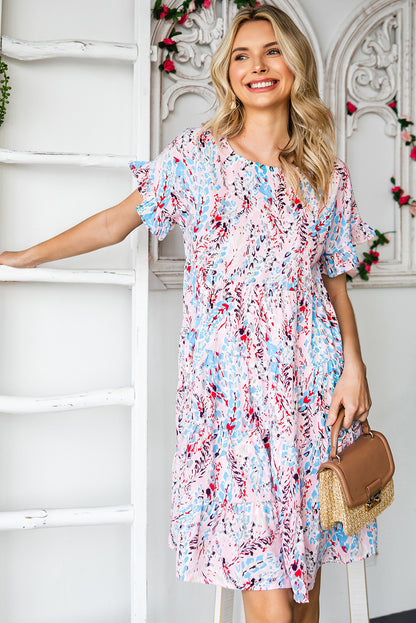 Pink Abstract Print Boho Tiered Ruffled Short Dress