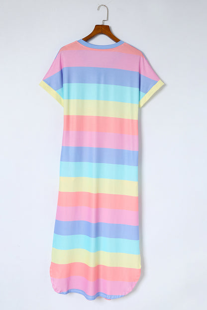 Multicolor Striped V Neck Side Slits T Shirt Dress with Pockets