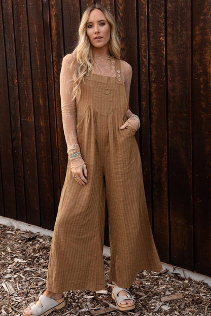 Brown Striped Pleated Pockets Wide Leg Jumpsuit