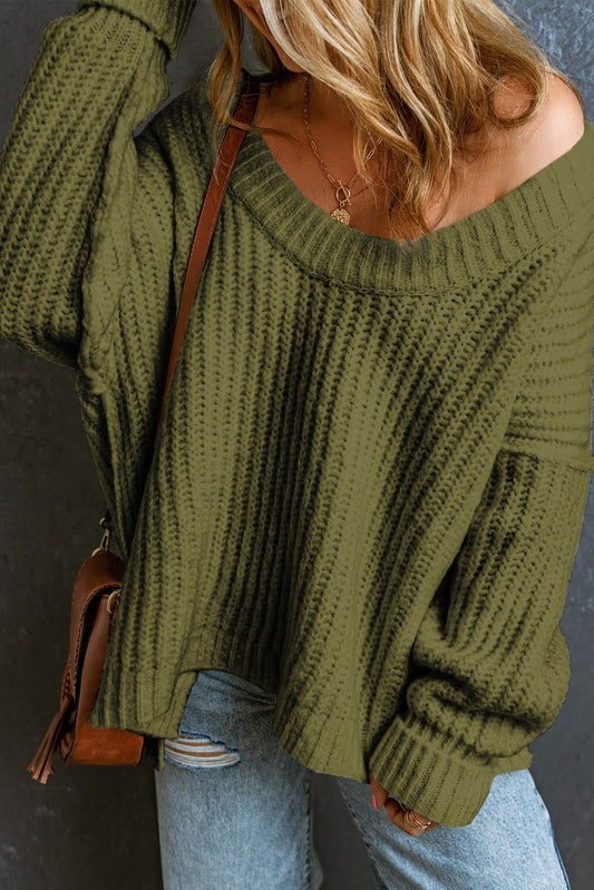 Green Ribbed Knit Round Neck Slouchy Chunky Sweater