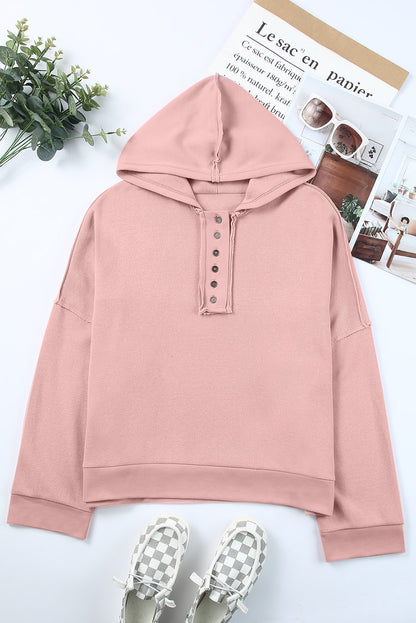 Black Button Front Plain Pullover Hoodie