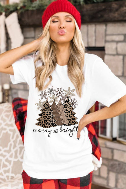 Black Leopard Christmas Tree Heat Transfer Printing Crew Neck Graphic T Shirt