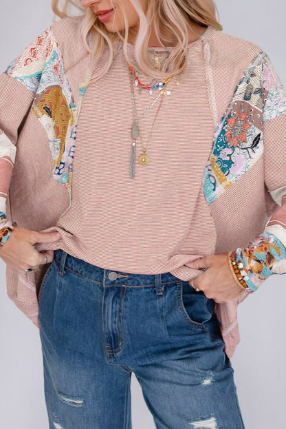 Sky Blue Striped and Floral Patchwork Oversized Top