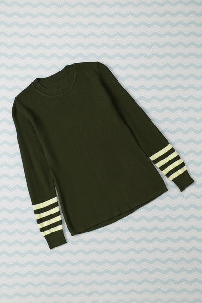 Rose Casual Crew Neck Striped Sleeve Knit Sweater