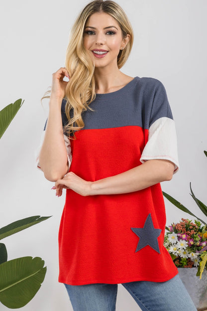 Celeste Full Size Ribbed Star Color Block T-Shirt