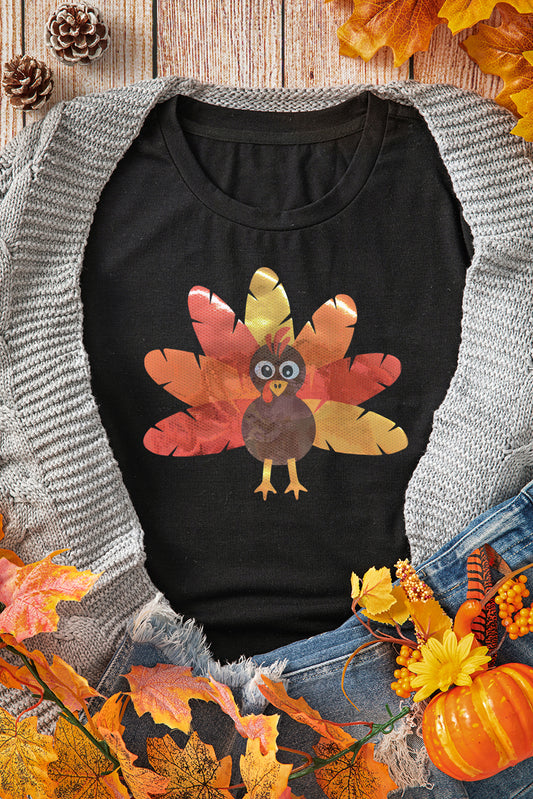 Blue Leafy Turkey Graphic Crewneck Thanksgiving T Shirt