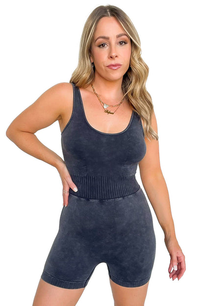 Carbon Grey Mineral Wash Ribbed High Waist Athleisure Romper