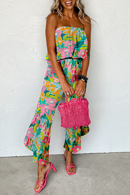 Green Mix Tropical Print Strapless Ruffle Jumpsuit