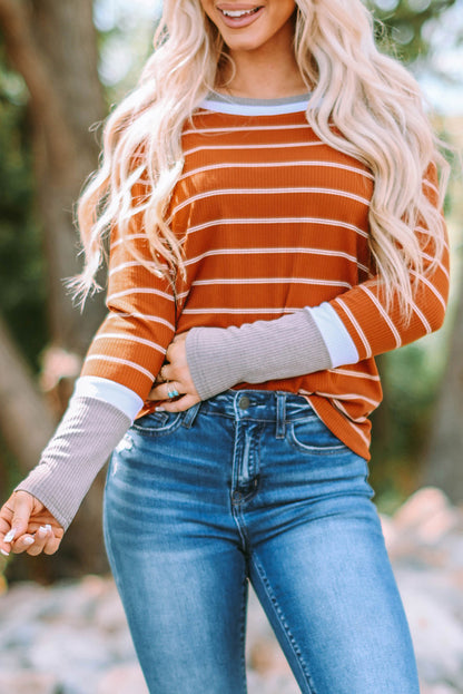 Brown Contrast Spliced Color Block Cuffs Rib Knit Top