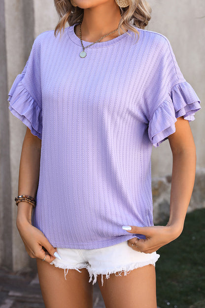 Orchid Solid Color Layered Ruffle Sleeve Textured Blouse