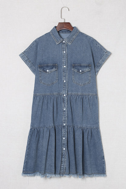 Gray Button Up Short Sleeve Denim Shirt Dress