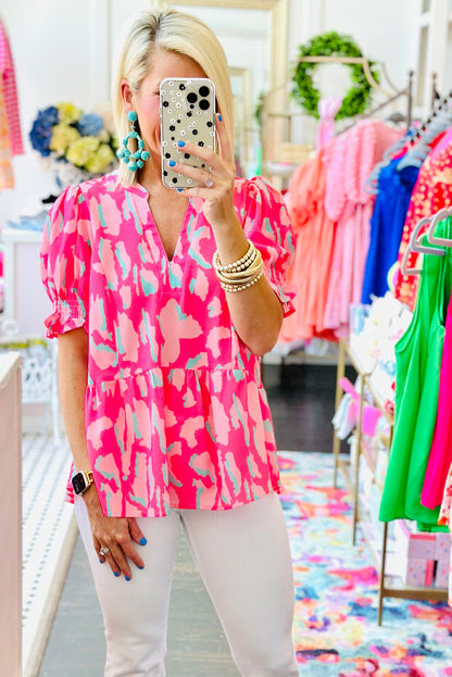 Rose Abstract Print Smocked Puff Sleeve V Neck Peplum Blouse