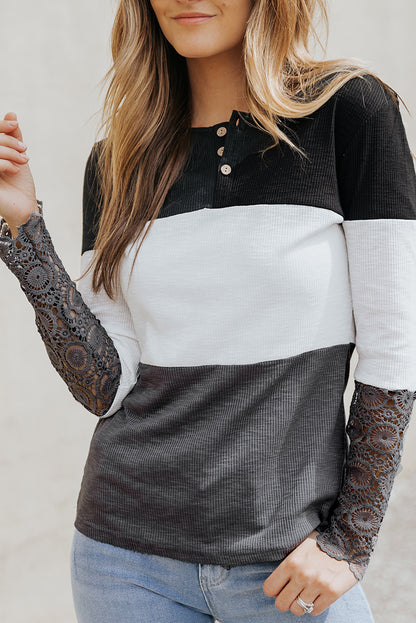 Color Block Ribbed Lace Crochet Sleeves Henley Shirt for Women