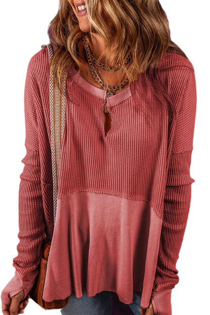 Mineral Red Waffle Knit Patchwork Exposed Seam Long Sleeve Top