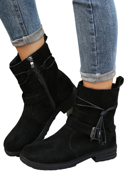 Black Faux Suede Zip Up Buckle Straps Ankle Boots