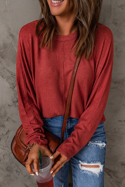 Red Basic Solid Color Seam Patchwork Long Sleeve Top