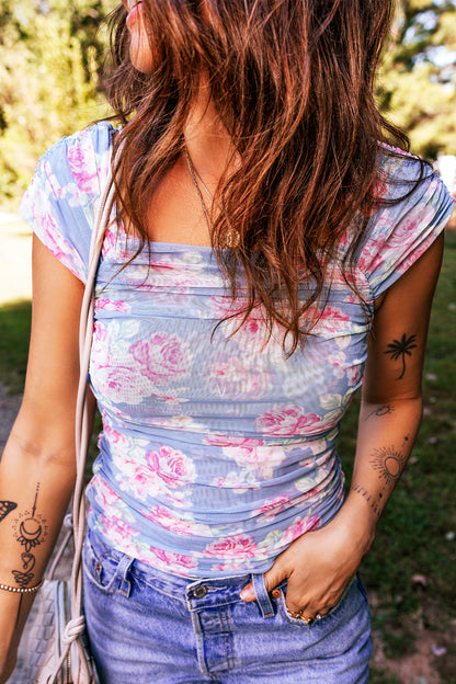 Sky Blue Square Neck Cap Sleeve Ruched Floral Mesh Top