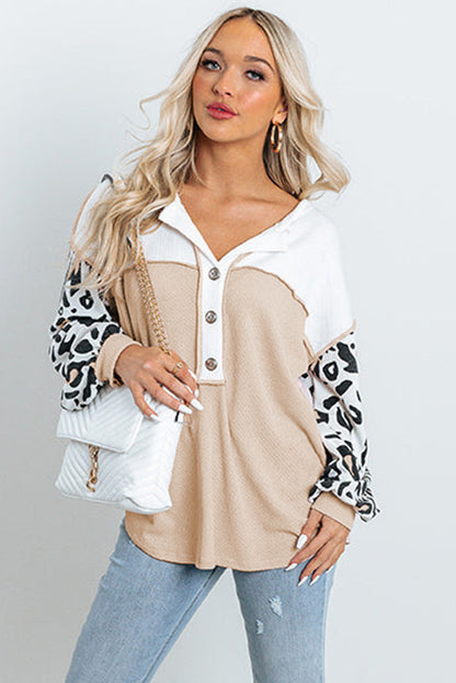 Pink Waffle Knit Leopard Sleeve Patchwork Henley Top