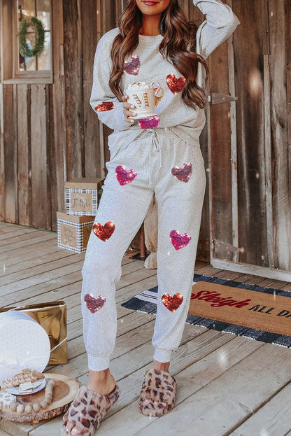 Gray Sequins Heart Graphic Top & Drawstring Pants Pajama Set