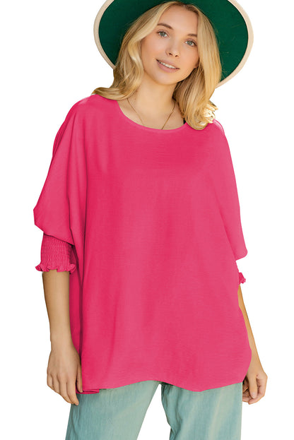 Rosy Solid Casual Smocked Cuffs Top