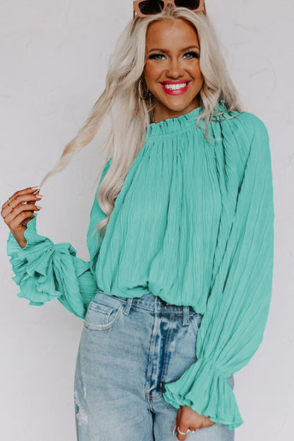 Green Striking Pleated Flared Cuff Long Sleeve Blouse