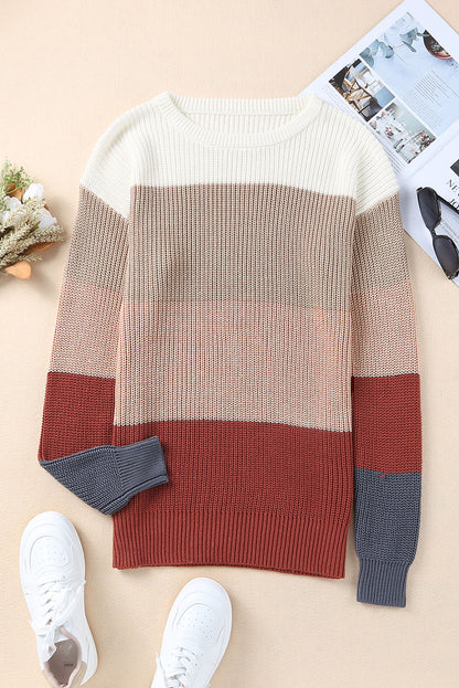 Red Color Block Casual Knit Pullover Sweater