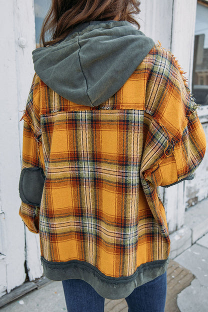 Orange Plaid Patchwork Frayed Trim Snap Button Hooded Jacket