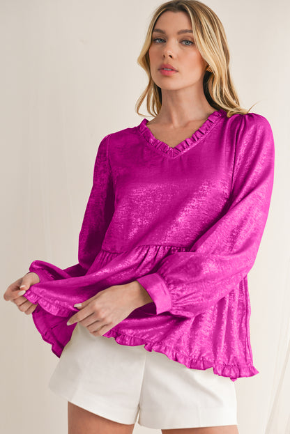 Gold Metallic Velvet Frill V Neck Puff Sleeve Babydoll Blouse