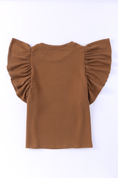 Brown Textured Butterfly Sleeve Summer Top for Women