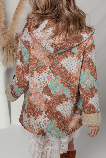 Khaki Vintage Paisley Floral Printed Sherpa Lined Hooded Jacket