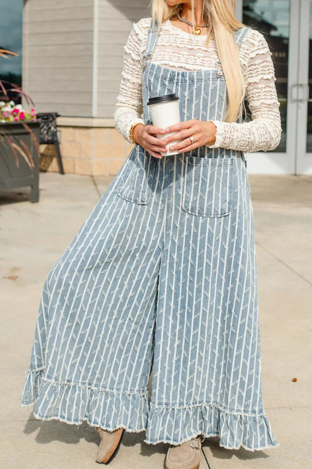 Myosotis Striped Distressed Ruffled Wide Leg Denim Overalls